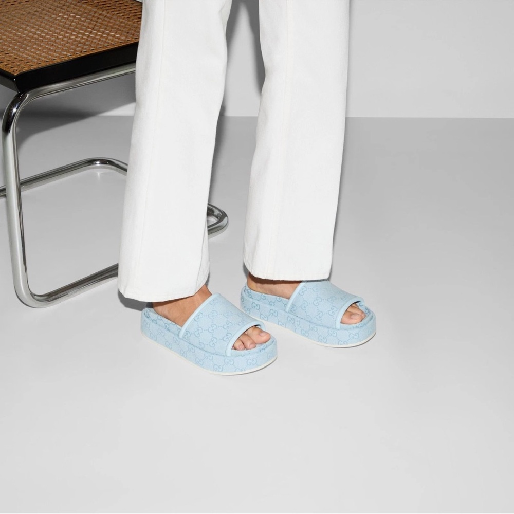 Gucci Light Blue GG Monogram Logo Canvas Mule Flat Slide Platform Sandal 39 - Picture 5 of 16